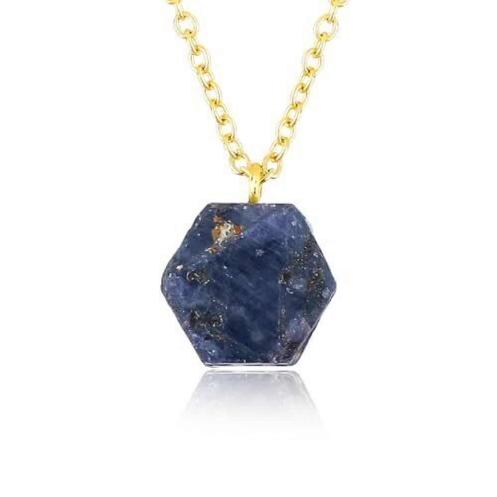 7440 Raw Blue Sapphire Gemstone Necklace – Natural Crystal Pendant 18K Gold
